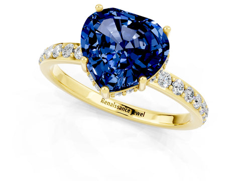 Yellow gold Heart Cut Blue Sapphire Solitaire Ring with Pavé Band and Hidden Halo_13