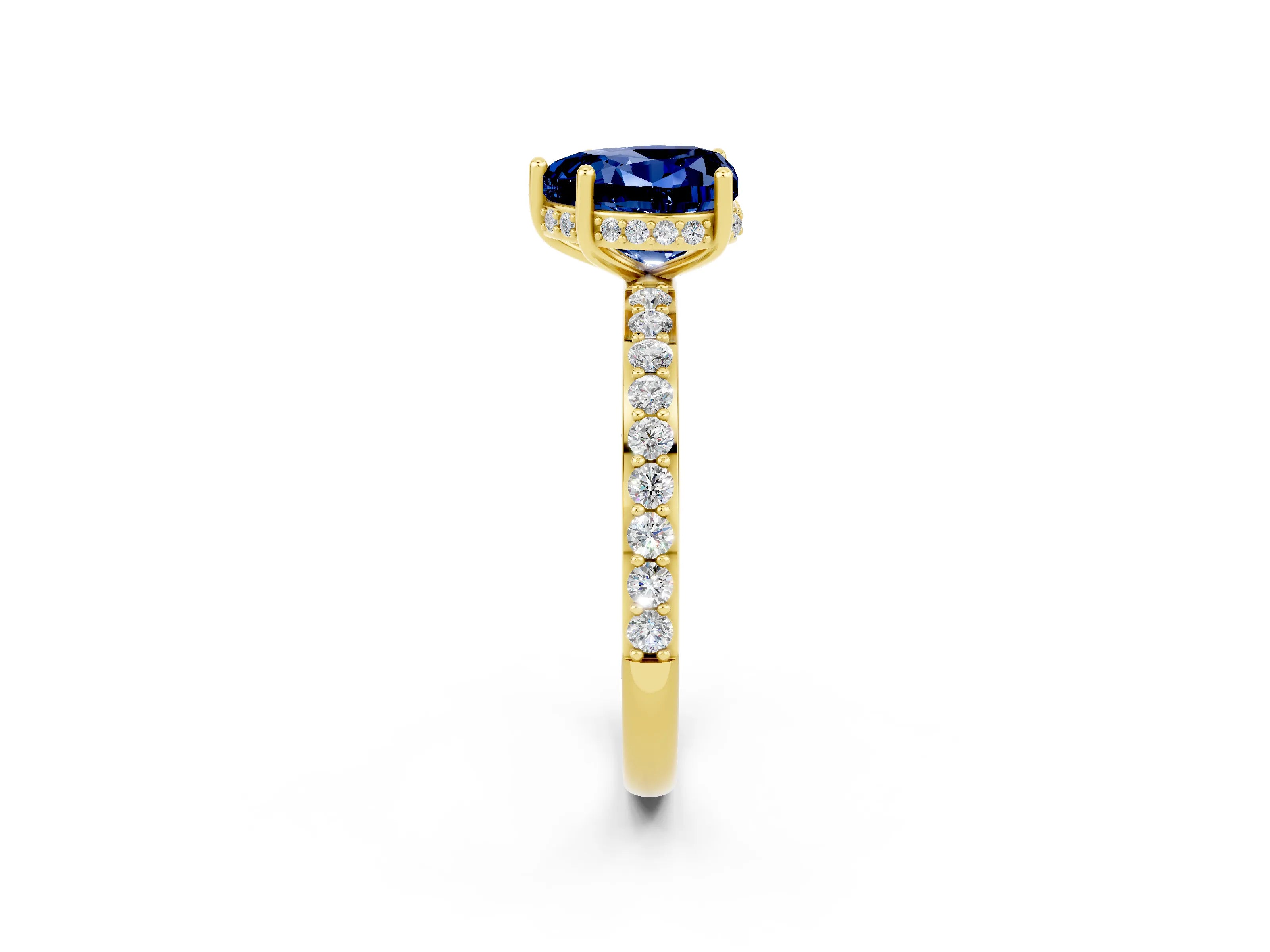 Yellow gold Heart Cut Blue Sapphire Solitaire Ring with Pavé Band and Hidden Halo_14