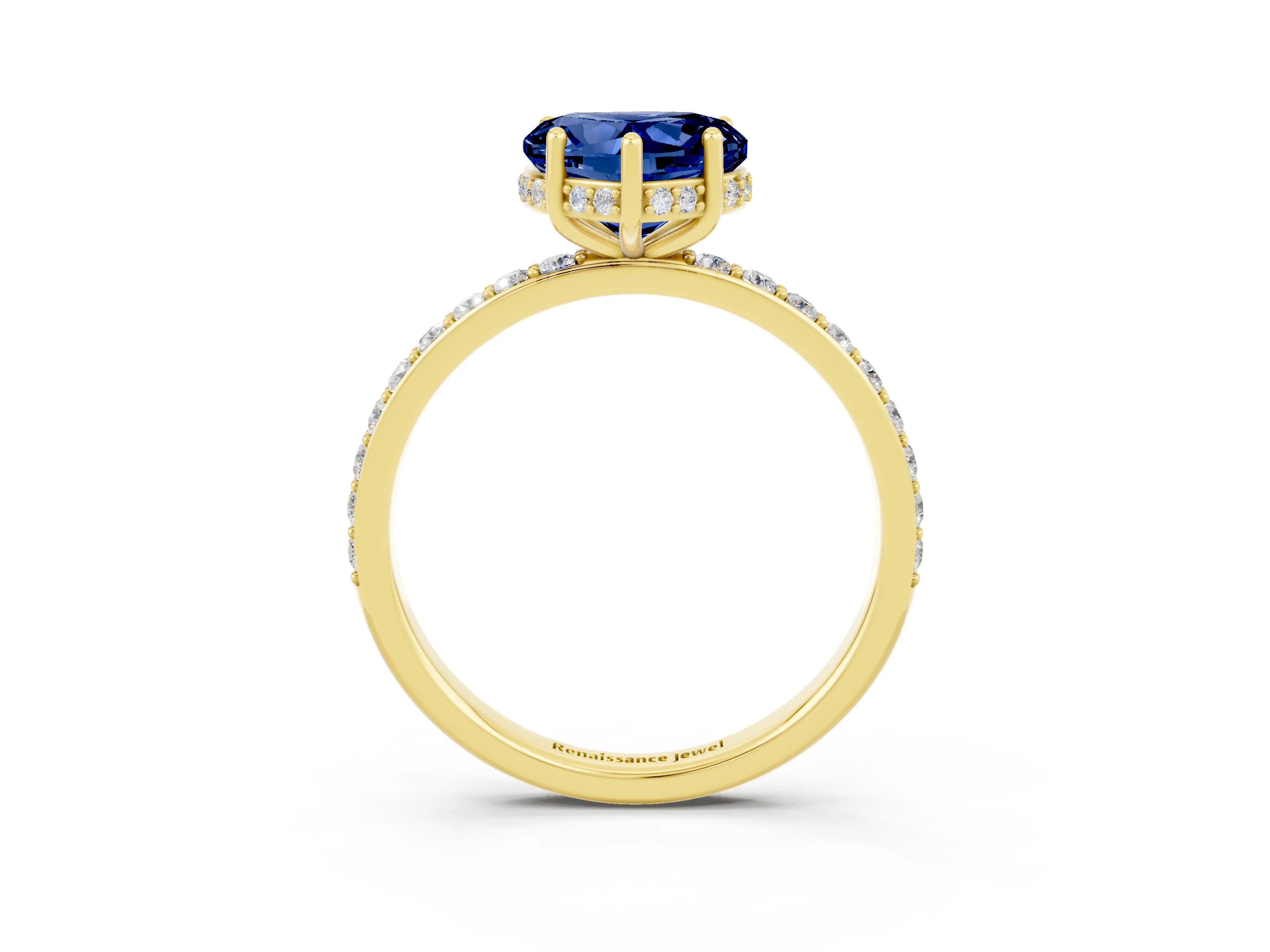 Yellow gold Heart Cut Blue Sapphire Solitaire Ring with Pavé Band and Hidden Halo_15