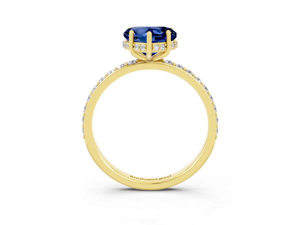 Yellow gold Heart Cut Blue Sapphire Solitaire Ring with Pavé Band and Hidden Halo