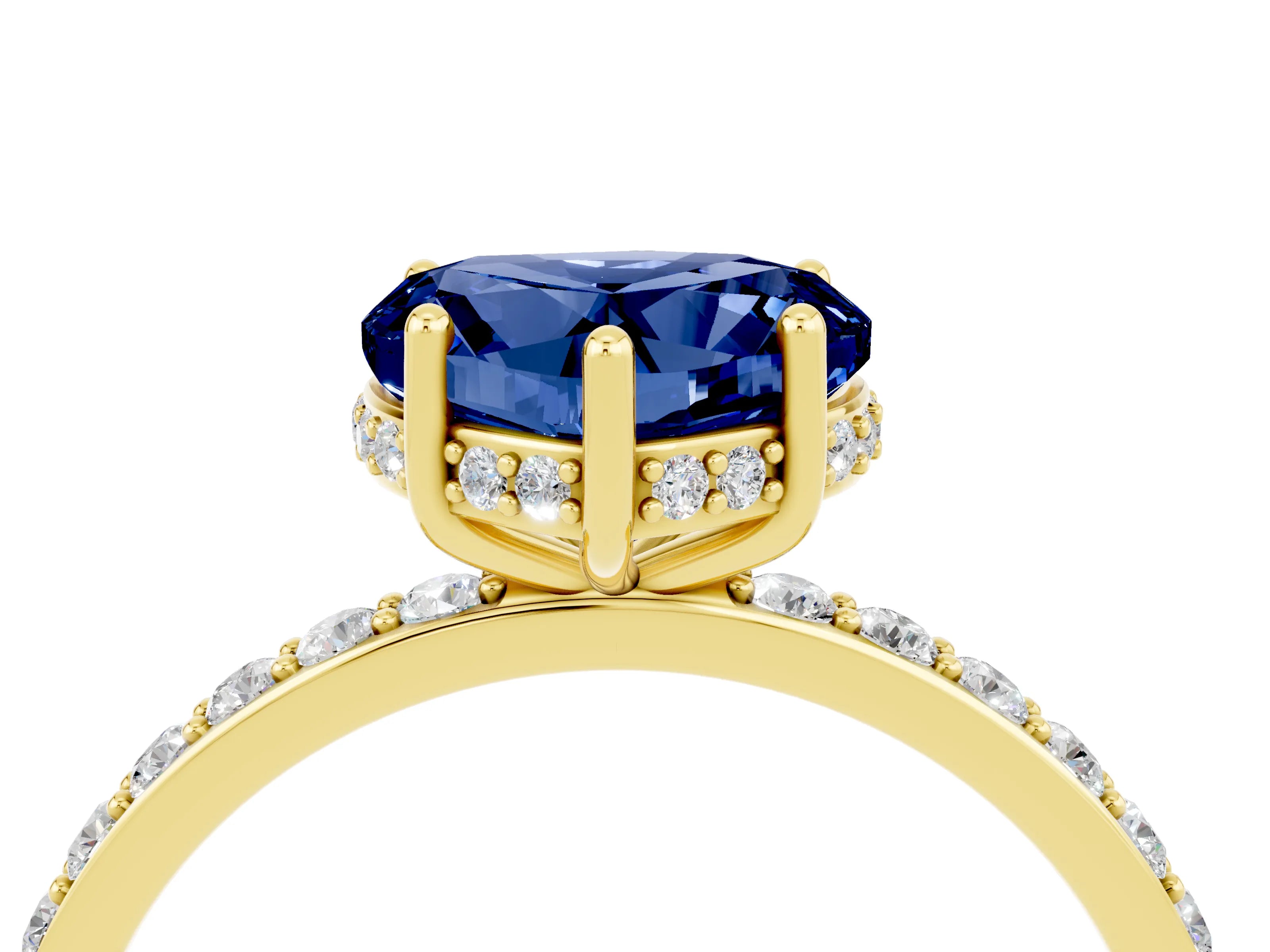 Yellow gold Heart Cut Blue Sapphire Solitaire Ring with Pavé Band and Hidden Halo_16