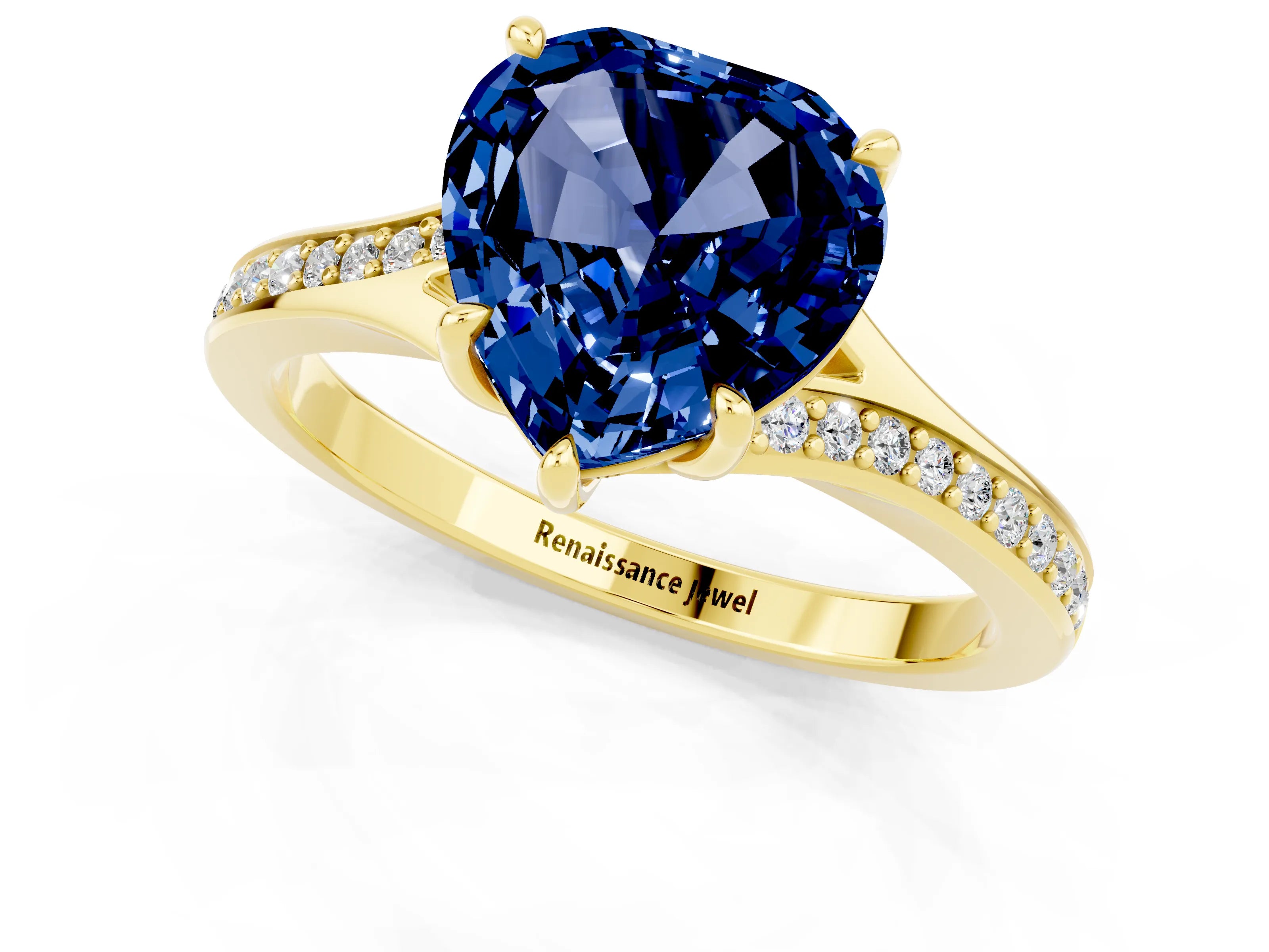 Yellow gold Heart Cut Blue Sapphire Solitaire Ring with Pavé Band and Prong Setting_13