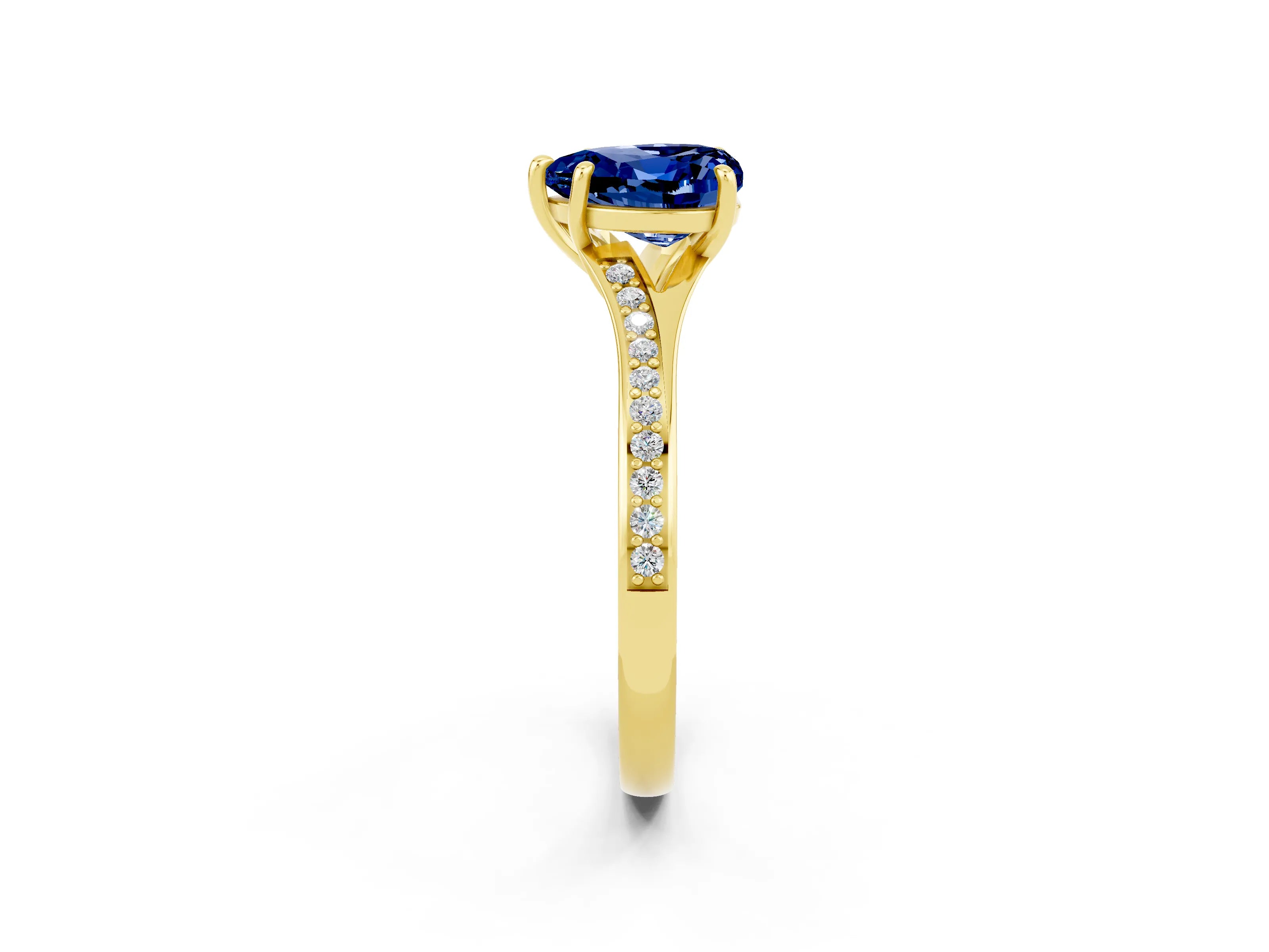 Yellow gold Heart Cut Blue Sapphire Solitaire Ring with Pavé Band and Prong Setting_14