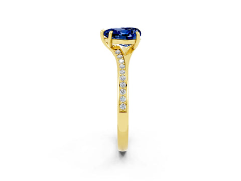 Yellow gold Heart Cut Blue Sapphire Solitaire Ring with Pavé Band and Prong Setting_14