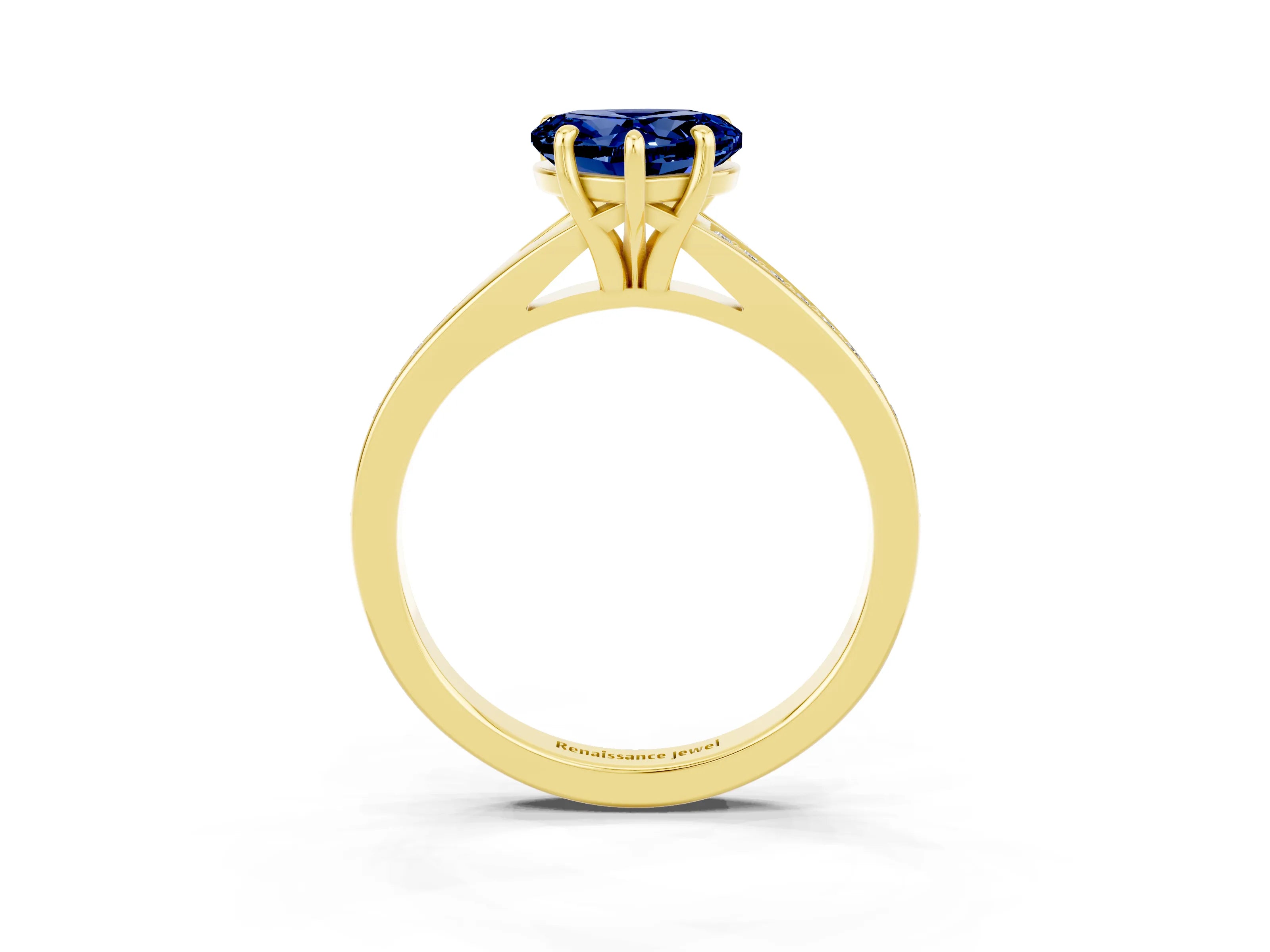 Yellow gold Heart Cut Blue Sapphire Solitaire Ring with Pavé Band and Prong Setting_15