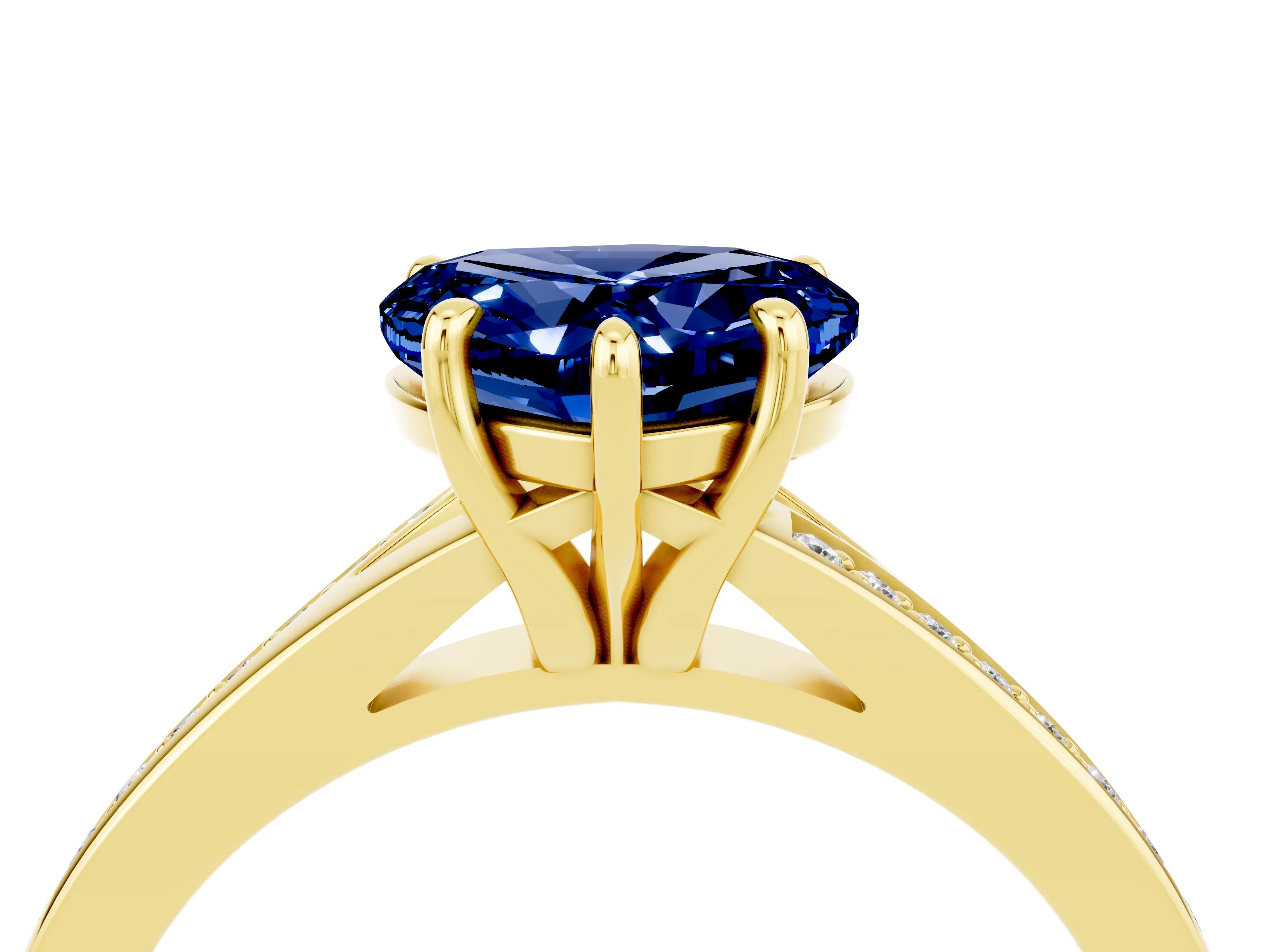 Yellow gold Heart Cut Blue Sapphire Solitaire Ring with Pavé Band and Prong Setting_16