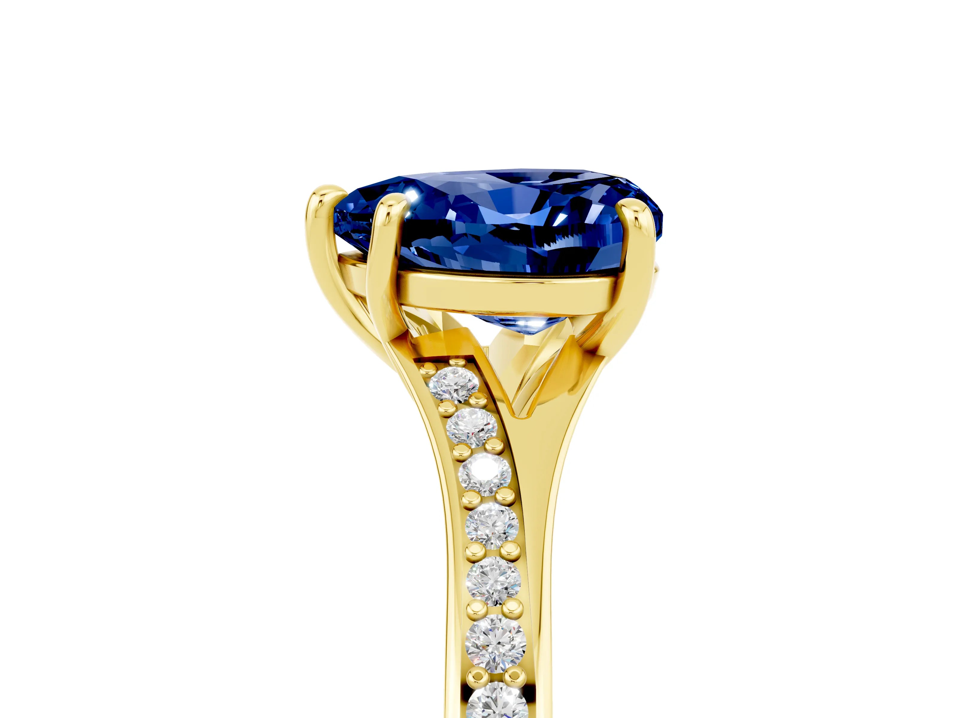 Yellow gold Heart Cut Blue Sapphire Solitaire Ring with Pavé Band and Prong Setting_17