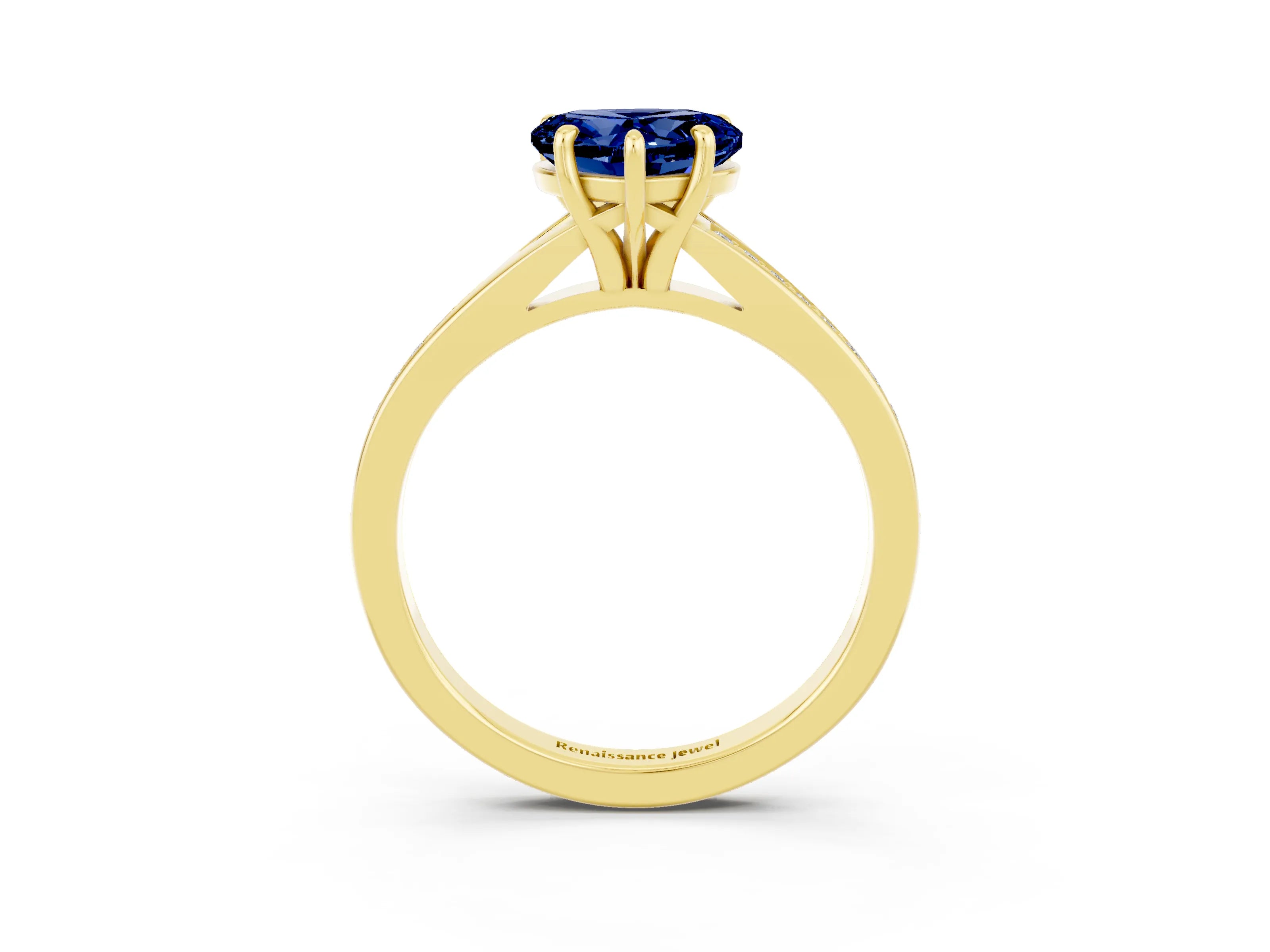 Yellow gold Heart Cut Blue Sapphire Solitaire Ring with Pavé Band and Prong Setting_3