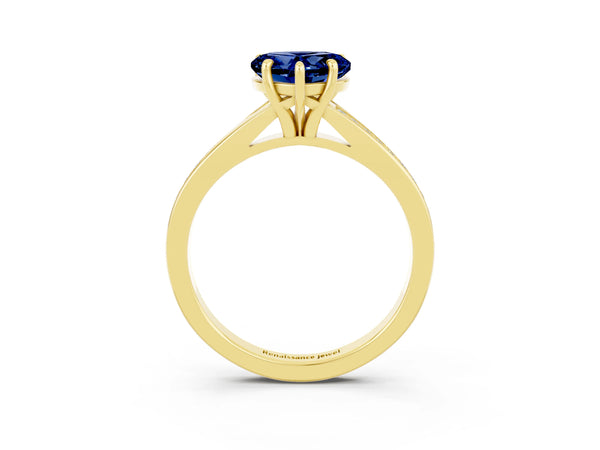 Yellow gold Heart Cut Blue Sapphire Solitaire Ring with Pavé Band and Prong Setting