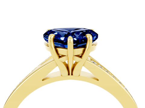 Yellow gold Heart Cut Blue Sapphire Solitaire Ring with Pavé Band and Prong Setting_4