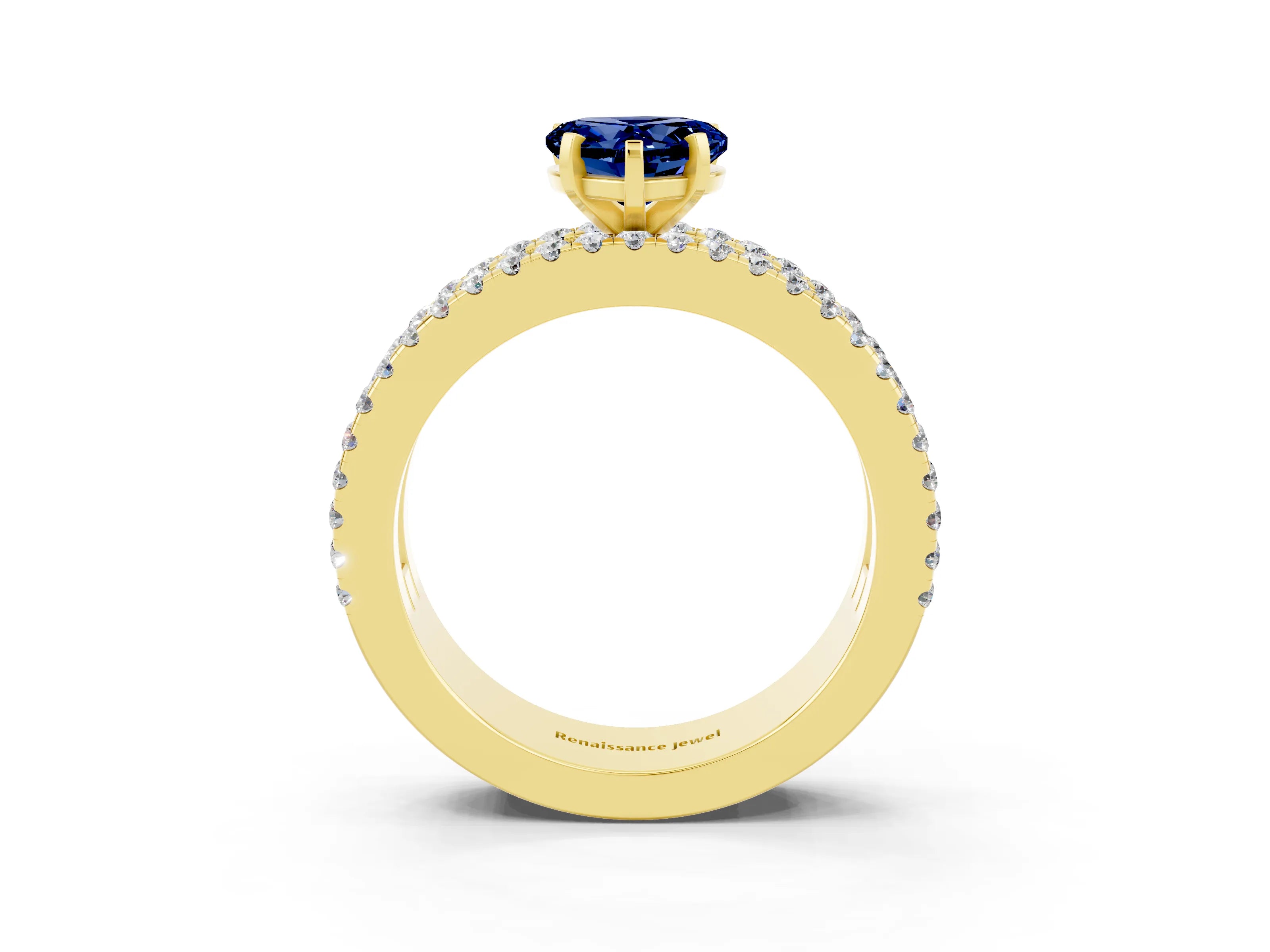 Yellow gold Heart Cut Blue Sapphire Solitaire Ring with Pavé and Channel Set Band_3
