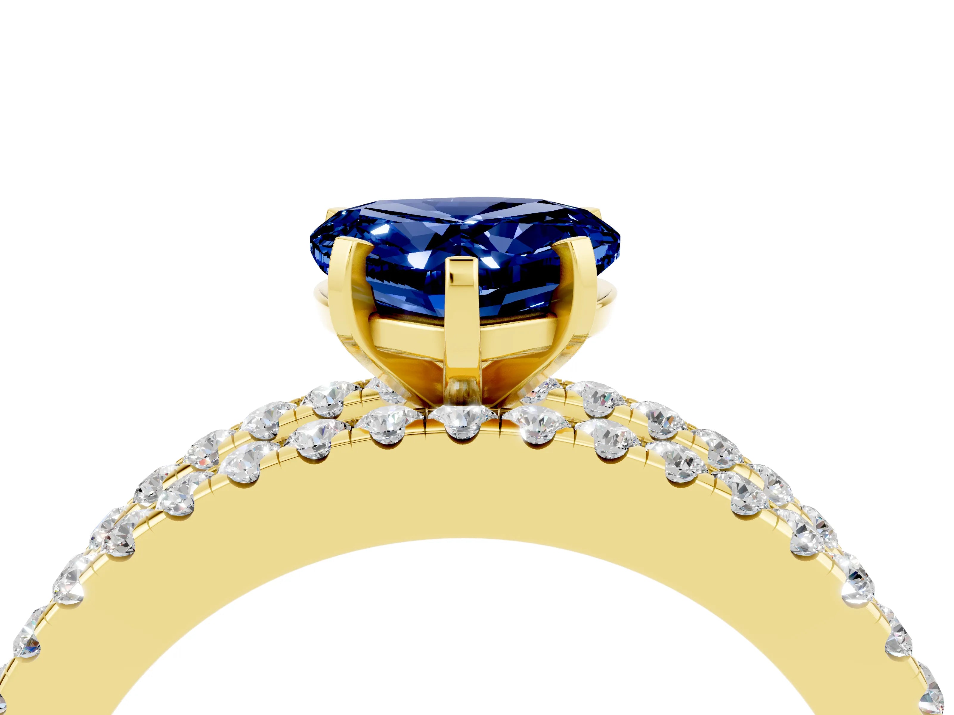 Yellow gold Heart Cut Blue Sapphire Solitaire Ring with Pavé and Channel Set Band_4