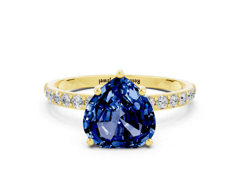 Yellow gold Heart Cut Blue Sapphire Solitaire Ring with Pave Band and Four Prong Setting_24