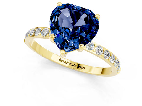 Yellow gold Heart Cut Blue Sapphire Solitaire Ring with Pave Band and Four Prong Setting_25