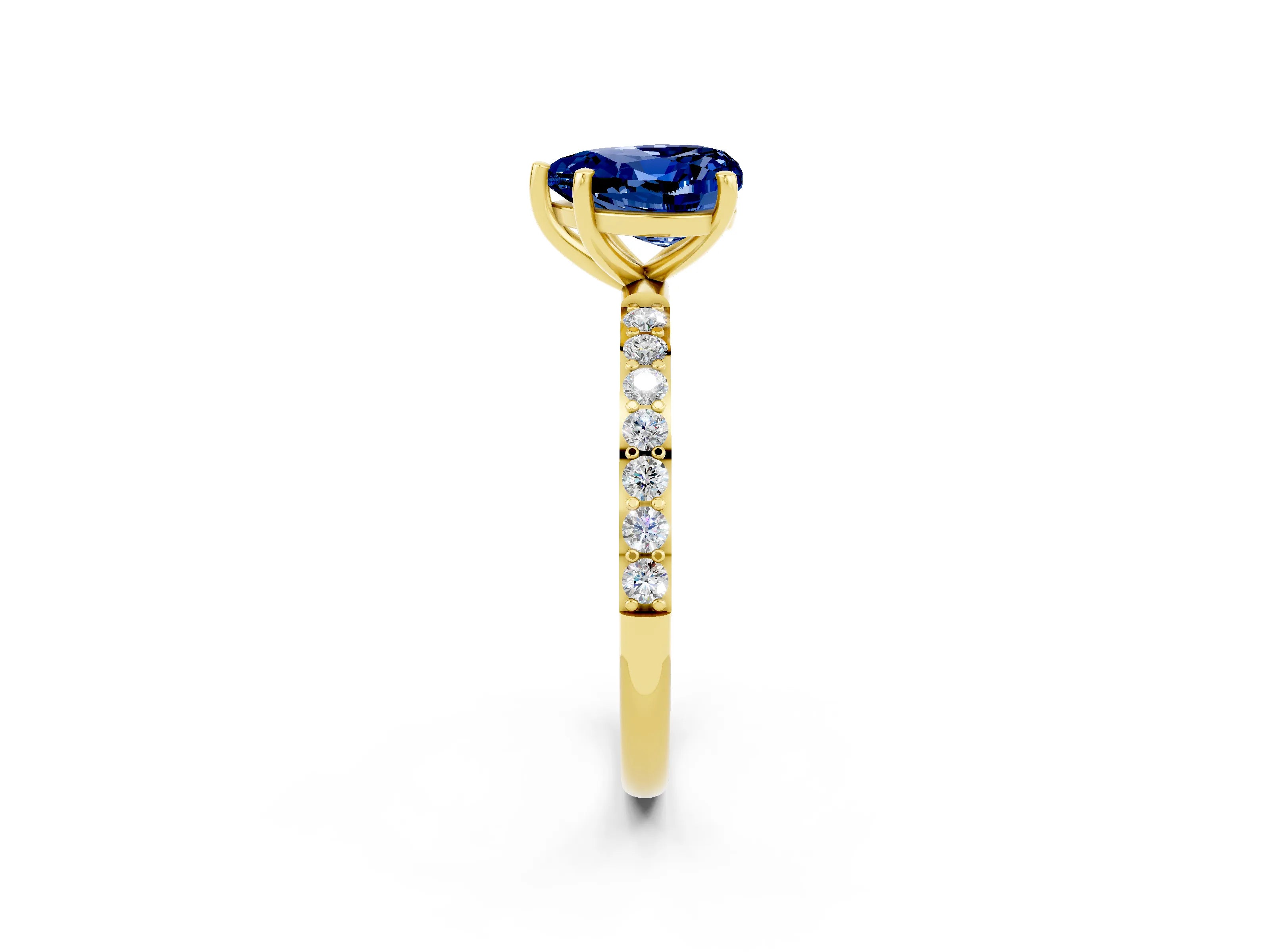 Yellow gold Heart Cut Blue Sapphire Solitaire Ring with Pave Band and Four Prong Setting_26