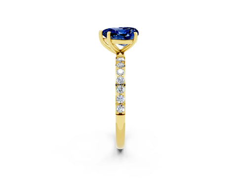 Yellow gold Heart Cut Blue Sapphire Solitaire Ring with Pave Band and Four Prong Setting_26