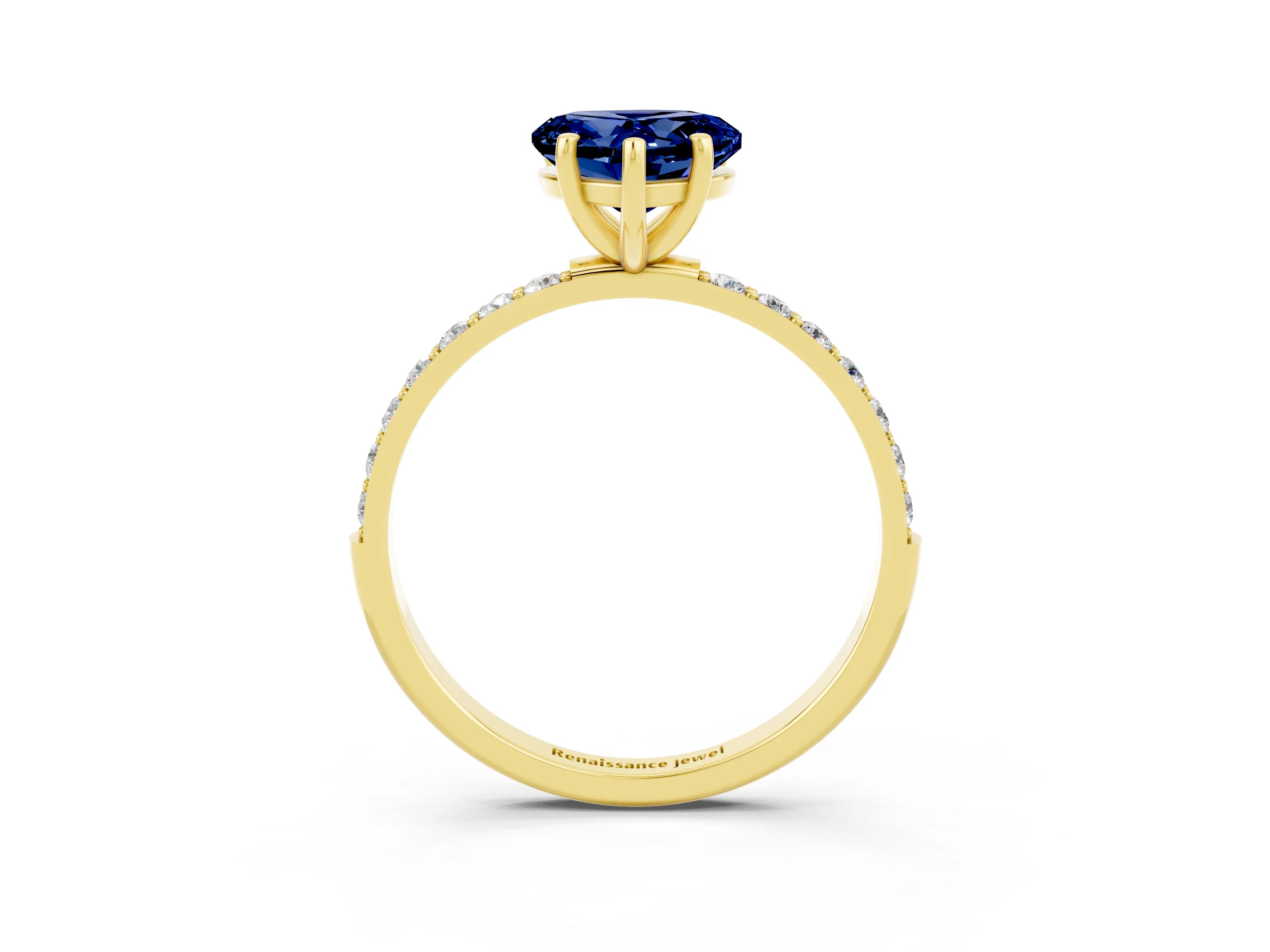 Yellow gold Heart Cut Blue Sapphire Solitaire Ring with Pave Band and Four Prong Setting_27