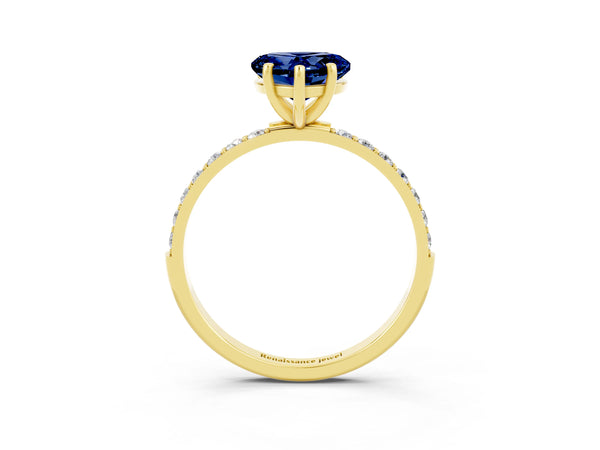 Yellow gold Heart Cut Blue Sapphire Solitaire Ring with Round  Pavé Band and Prong Setting