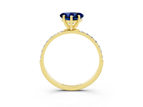 Yellow gold Heart Cut Blue Sapphire Solitaire Ring with Pave Band and Four Prong Setting_27