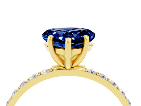 Yellow gold Heart Cut Blue Sapphire Solitaire Ring with Pave Band and Four Prong Setting_28