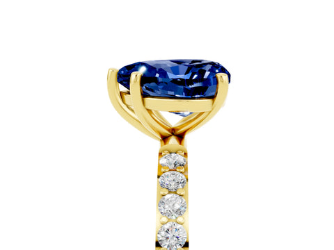Yellow gold Heart Cut Blue Sapphire Solitaire Ring with Pave Band and Four Prong Setting_29