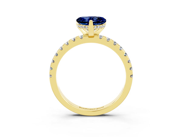 Yellow gold Heart Cut Blue Sapphire Solitaire Ring with Round Pavé Band and Four-Prong Setting