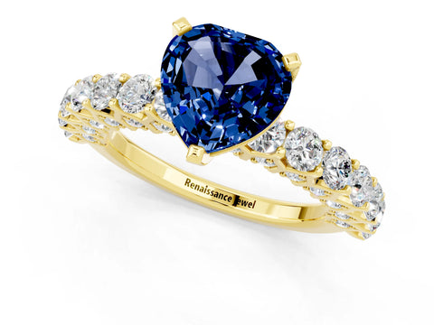 Yellow gold Heart Cut Blue Sapphire Solitaire Ring with Shared Prong Pavé Band and Four-Prong Setting_13