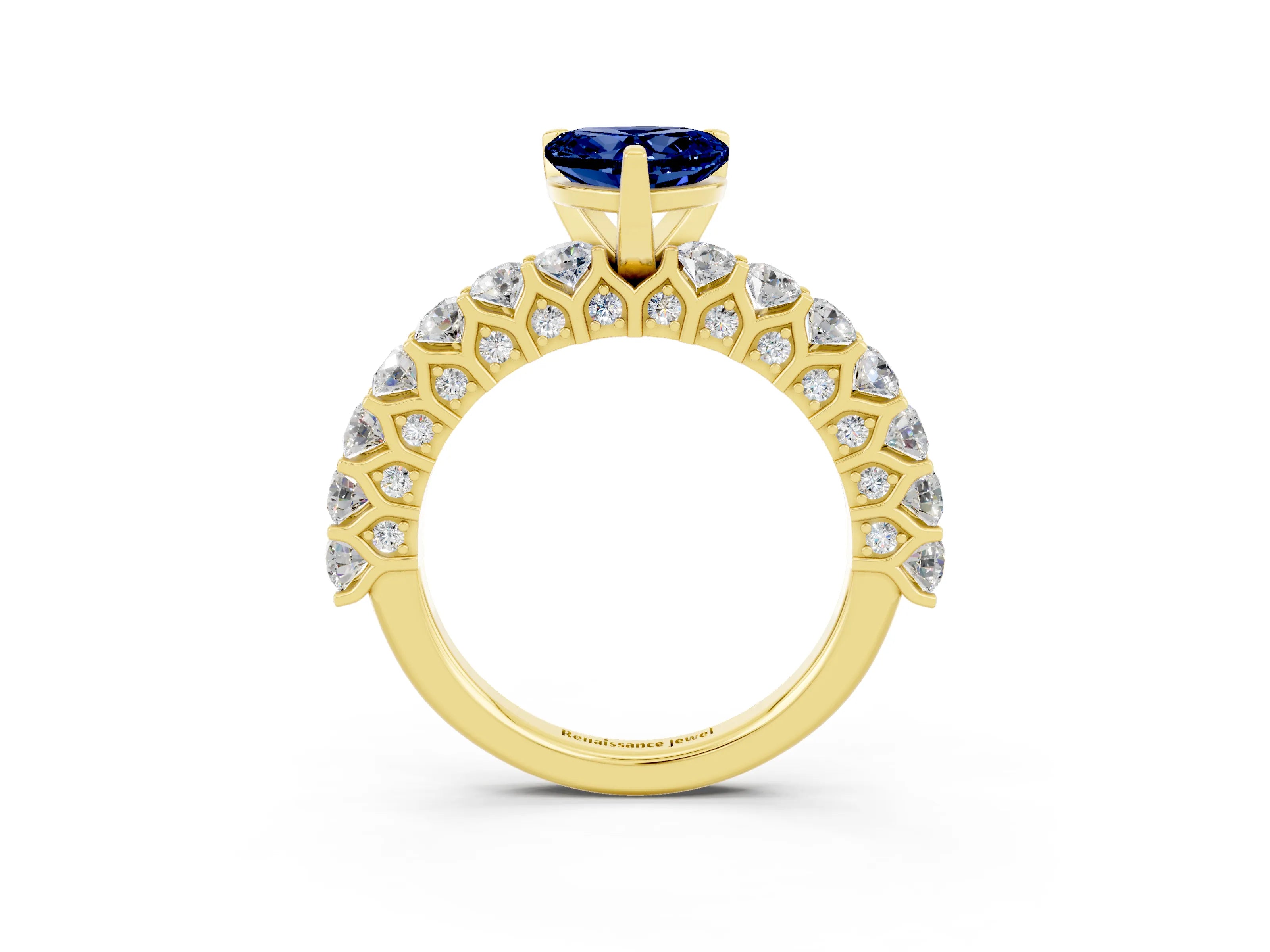 Yellow gold Heart Cut Blue Sapphire Solitaire Ring with Shared Prong Pavé Band and Four-Prong Setting_15