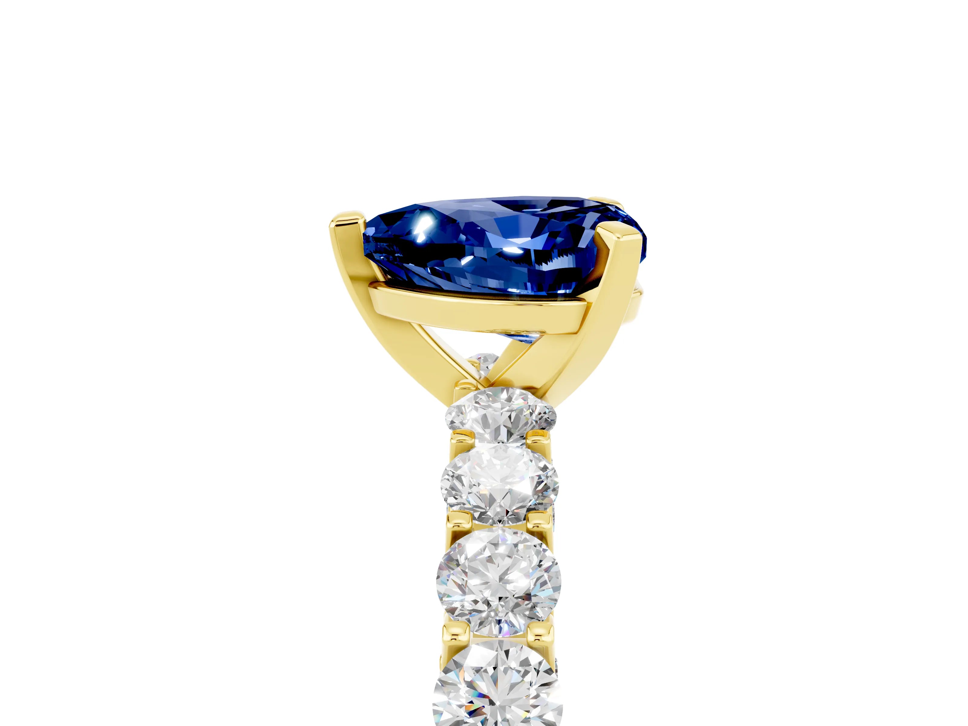 Yellow gold Heart Cut Blue Sapphire Solitaire Ring with Shared Prong Pavé Band and Four-Prong Setting_17