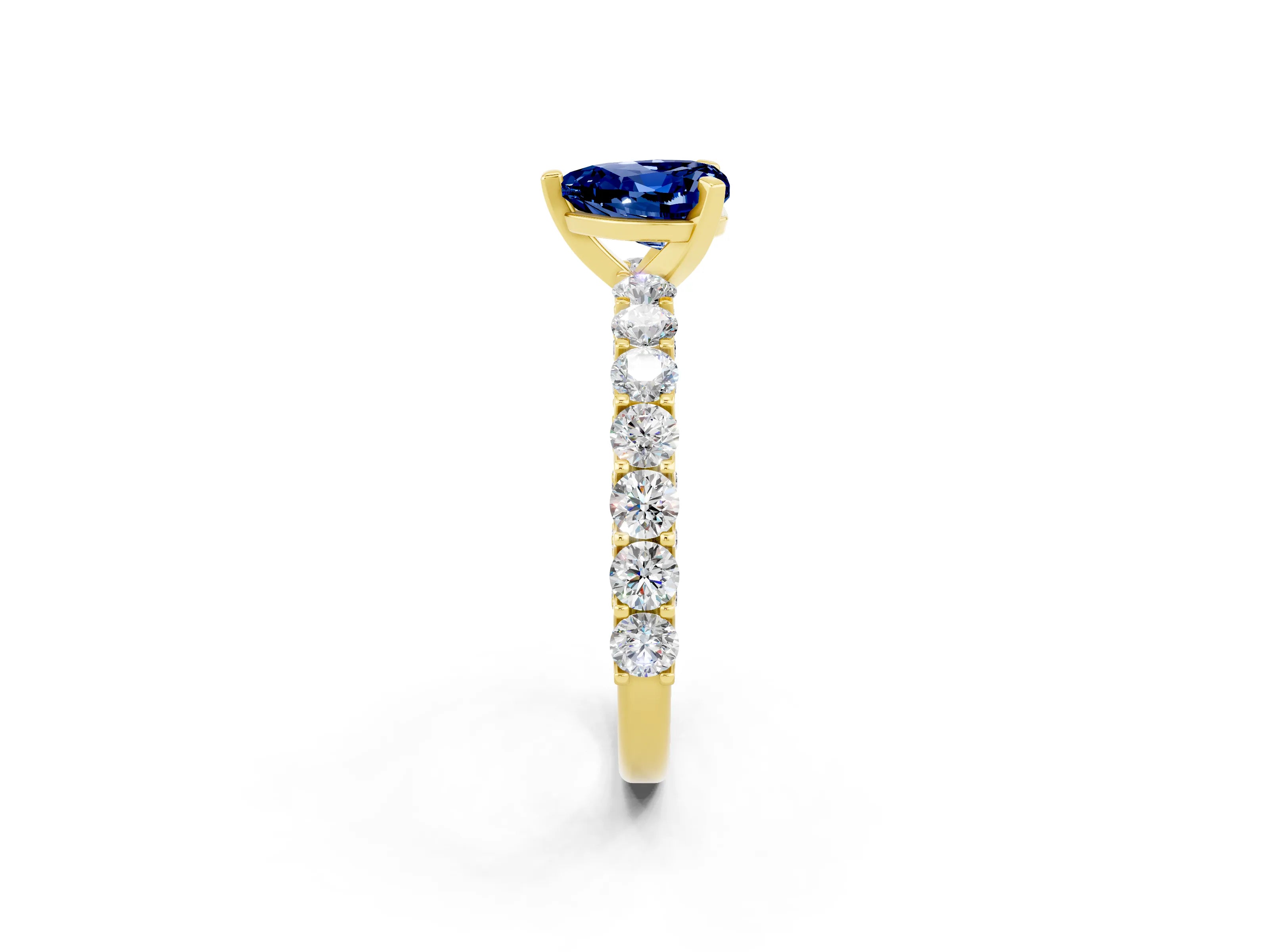 Yellow gold Heart Cut Blue Sapphire Solitaire Ring with Shared Prong Pavé Band and Four-Prong Setting_2