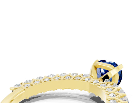 Yellow gold Heart Cut Blue Sapphire Solitaire Ring with Shared Prong Pavé Band and Four-Prong Setting