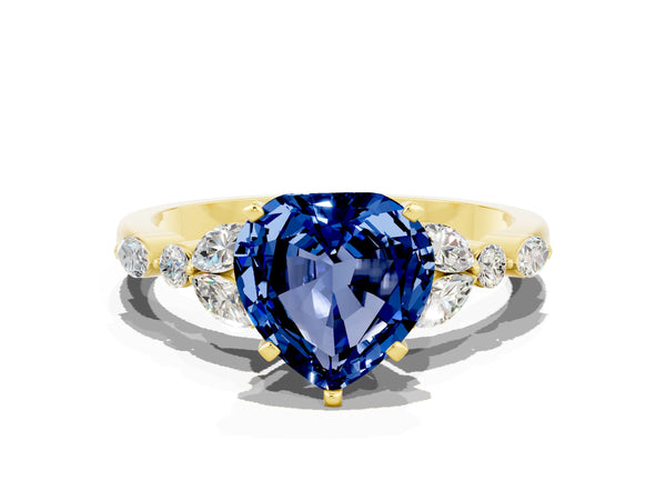 Yellow gold Heart Cut Blue Sapphire Solitaire Ring with Side Stones and Four-Prong Setting