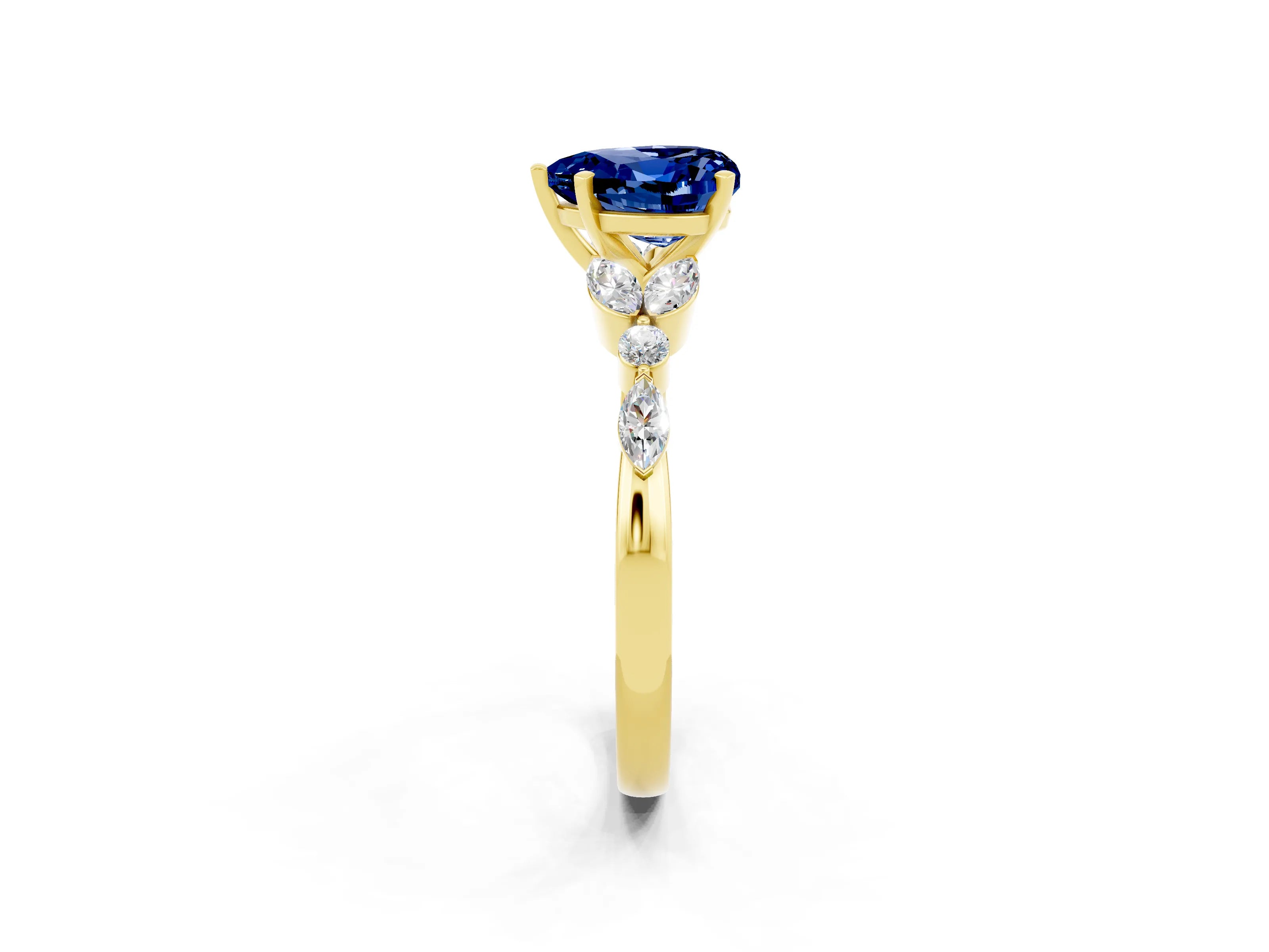 Yellow gold Heart Cut Blue Sapphire Solitaire Ring with Side Stones and Four-Prong Setting_14