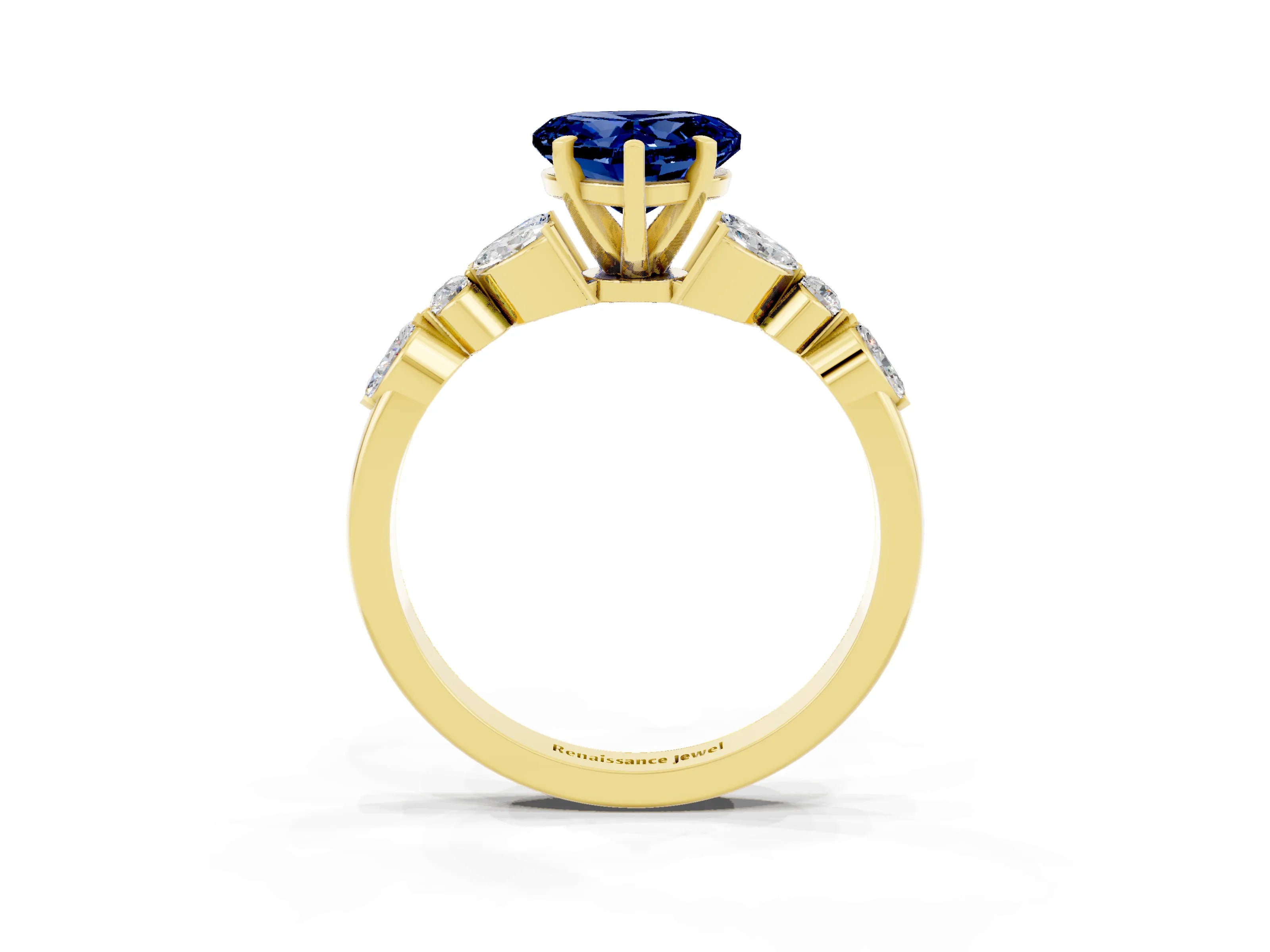 Yellow gold Heart Cut Blue Sapphire Solitaire Ring with Side Stones and Four-Prong Setting_15