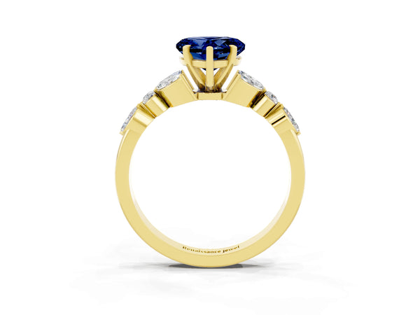 Yellow gold Heart Cut Blue Sapphire Solitaire Ring with Side Stones and Four-Prong Setting