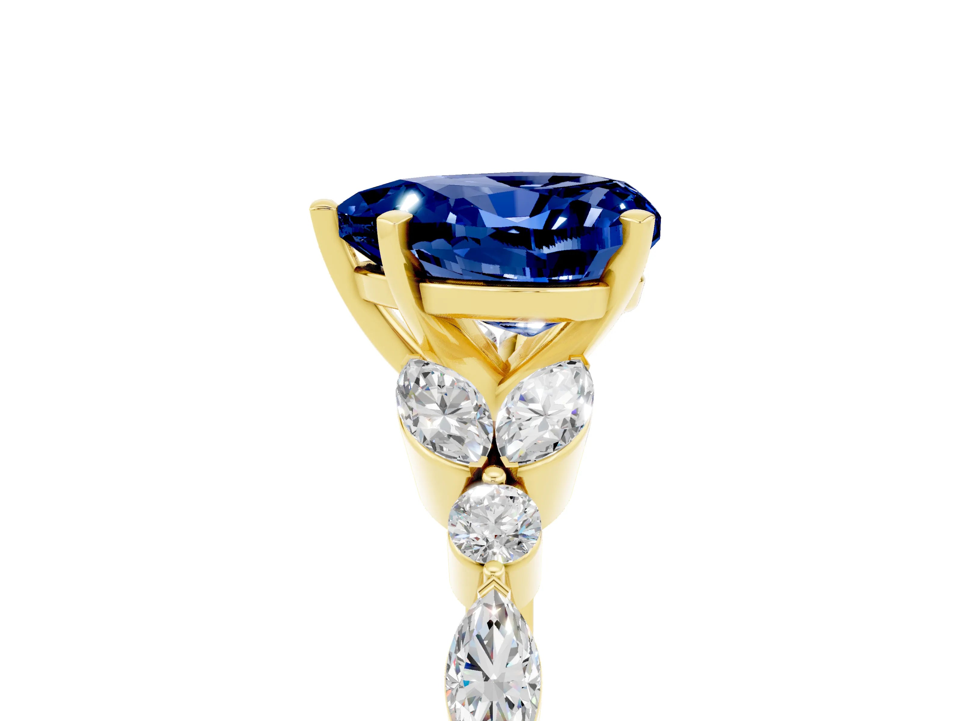 Yellow gold Heart Cut Blue Sapphire Solitaire Ring with Side Stones and Four-Prong Setting_17