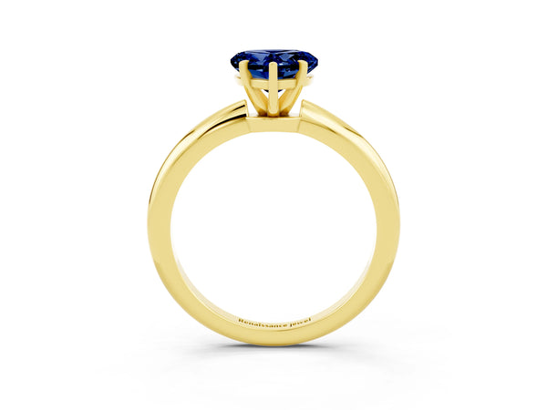 Yellow gold Heart Cut Blue Sapphire Solitaire Ring with Six-Prong Setting and Classic Band