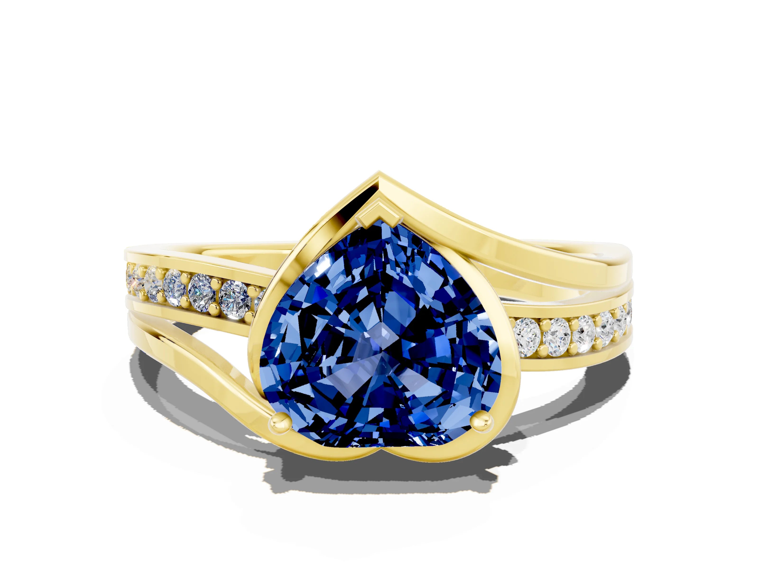 Yellow gold Heart Cut Blue Sapphire Solitaire Ring with Split Shank and Prong Setting