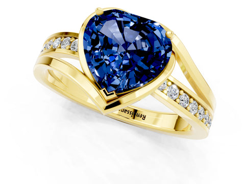 Yellow gold Heart Cut Blue Sapphire Solitaire Ring with Split Shank and Prong Setting_1