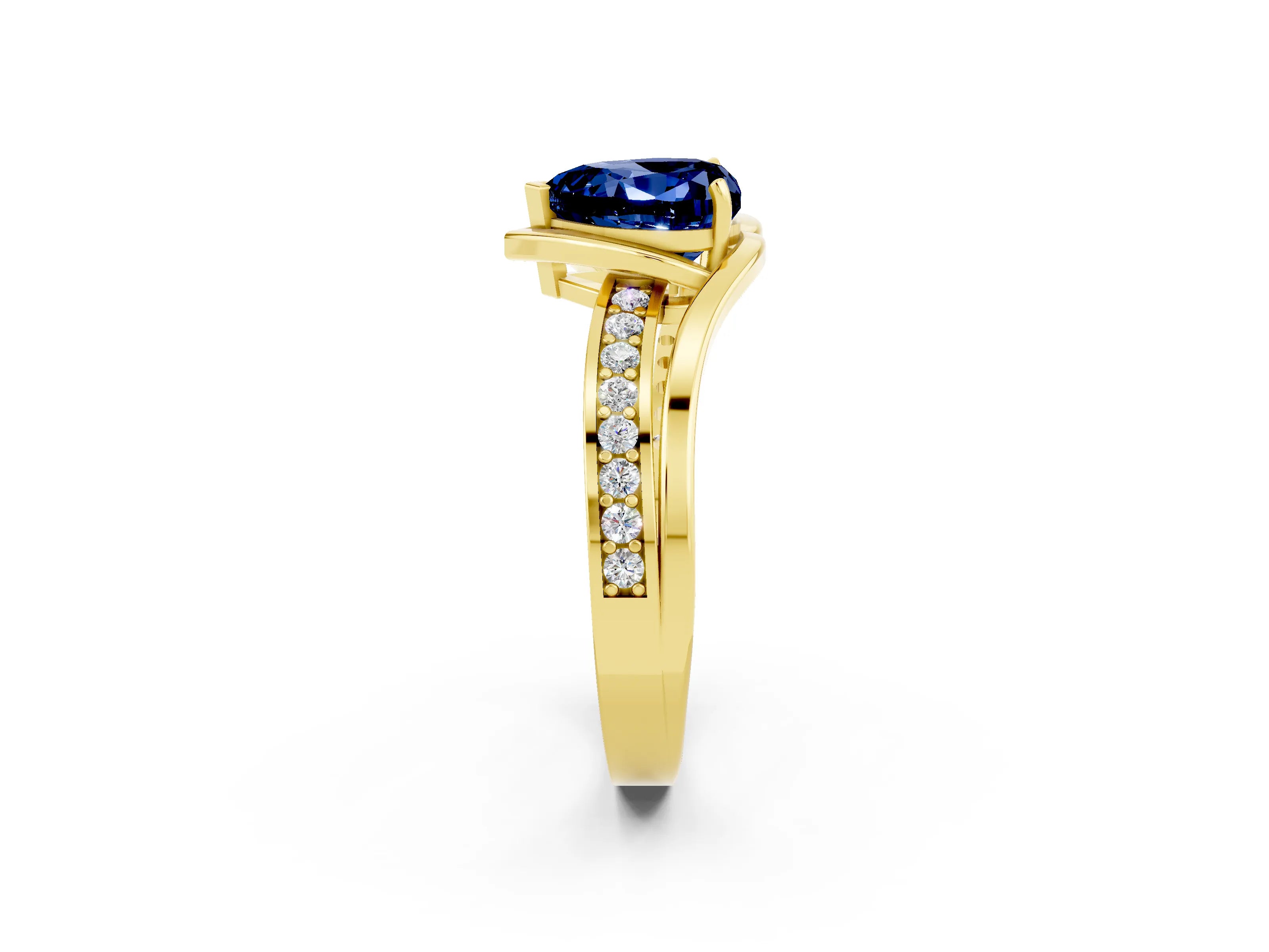 Yellow gold Heart Cut Blue Sapphire Solitaire Ring with Split Shank and Prong Setting_2