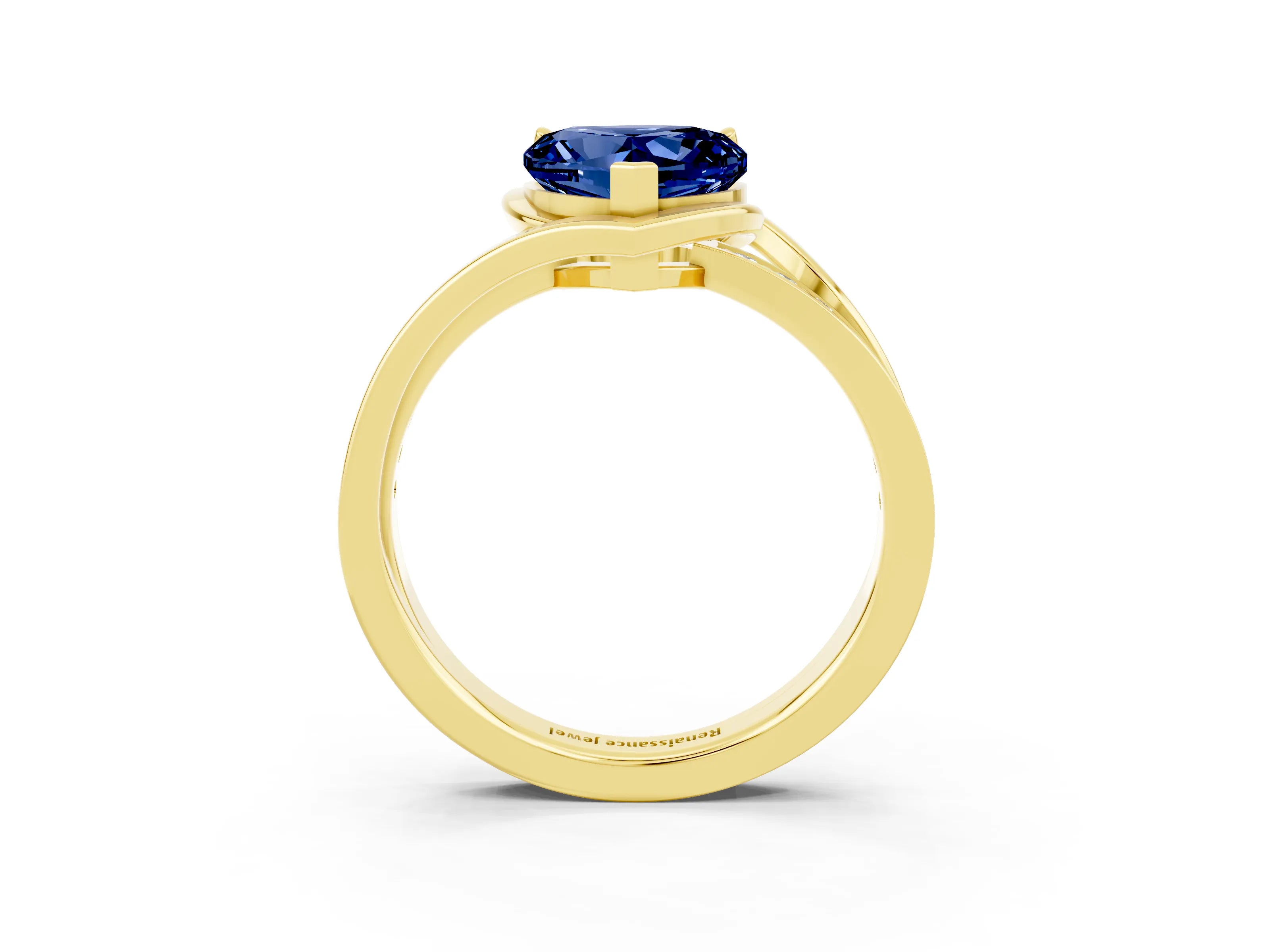 Yellow gold Heart Cut Blue Sapphire Solitaire Ring with Split Shank and Prong Setting_3