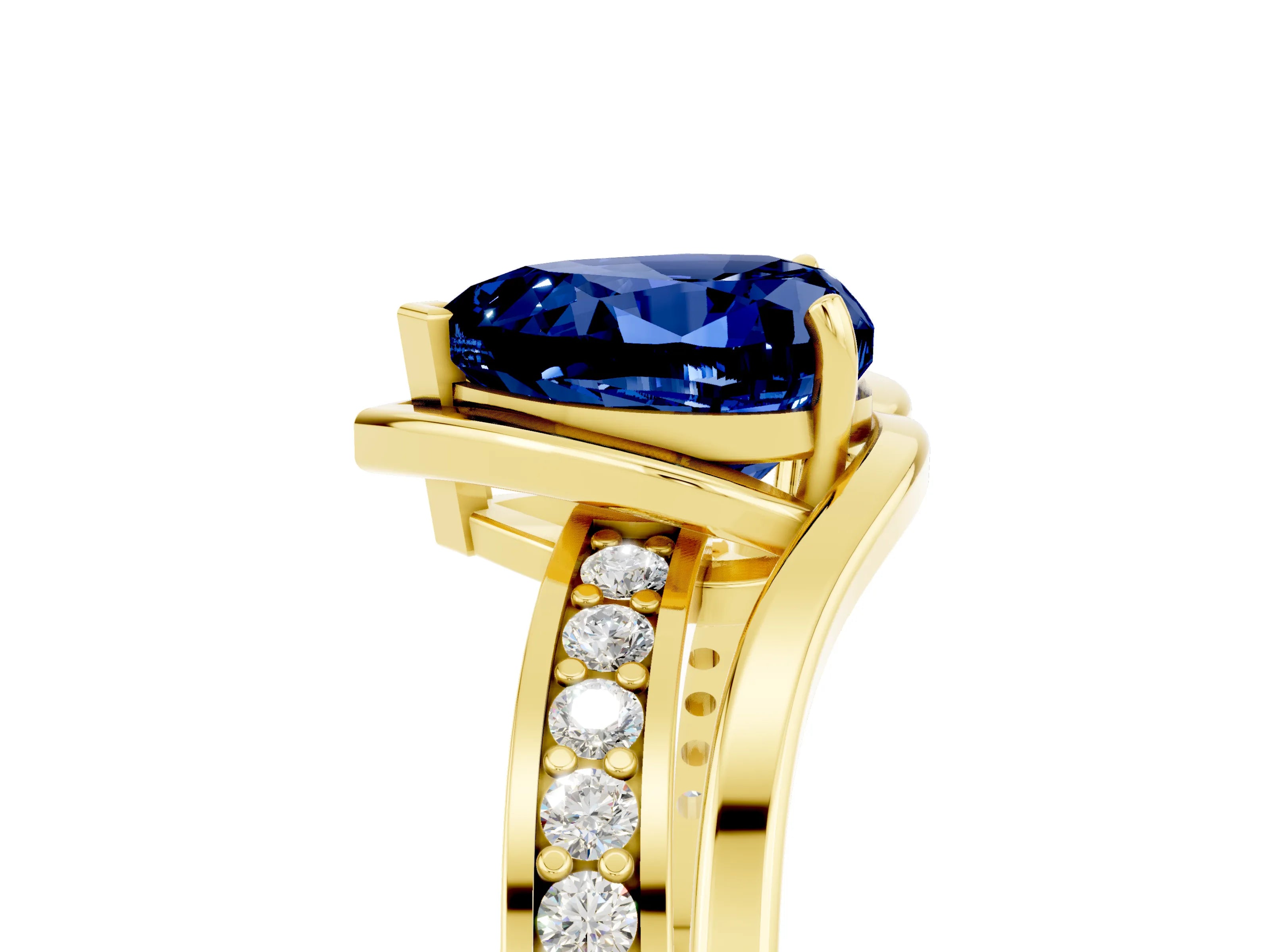 Yellow gold Heart Cut Blue Sapphire Solitaire Ring with Split Shank and Prong Setting_5