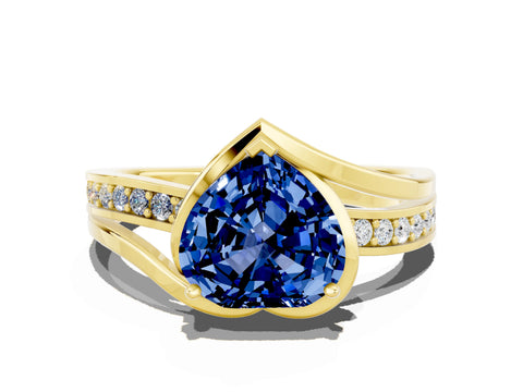 Yellow gold Heart Cut Blue Sapphire Solitaire Ring with Split Shank and Prong Setting