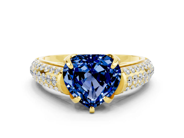 Yellow gold Heart Cut Blue Sapphire Solitaire Ring with Three-Row Pavé Band and Four-Prong Setting