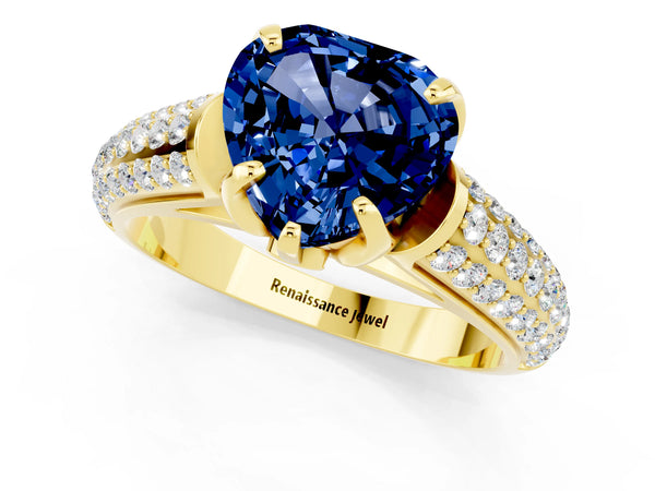 Yellow gold Heart Cut Blue Sapphire Solitaire Ring with Three-Row Pavé Band and Four-Prong Setting
