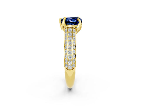 Yellow gold Heart Cut Blue Sapphire Solitaire Ring with Three-Row Pavé Band and Four-Prong Setting_14