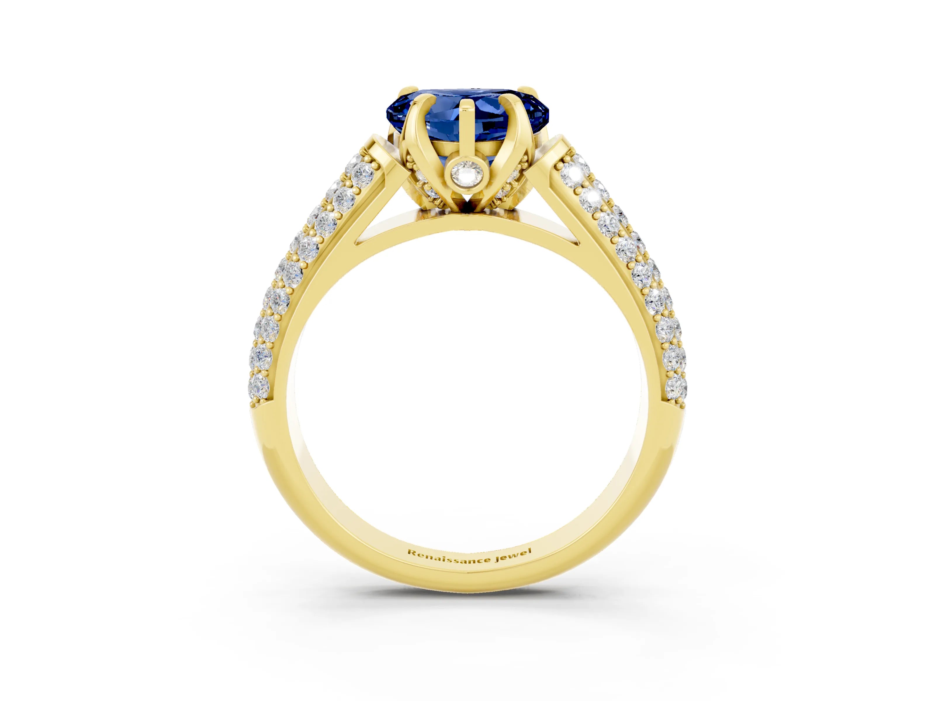 Yellow gold Heart Cut Blue Sapphire Solitaire Ring with Three-Row Pavé Band and Four-Prong Setting_15