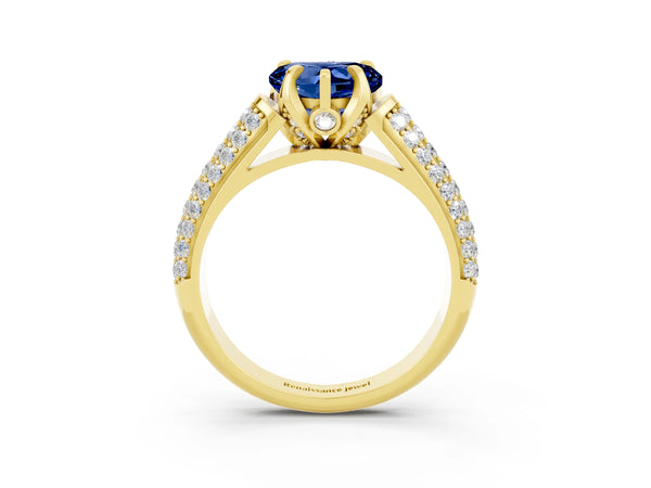 Yellow gold Heart Cut Blue Sapphire Solitaire Ring with Three-Row Pavé Band and Four-Prong Setting