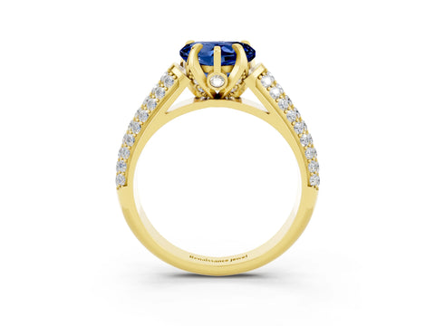 Yellow gold Heart Cut Blue Sapphire Solitaire Ring with Three-Row Pavé Band and Four-Prong Setting_15