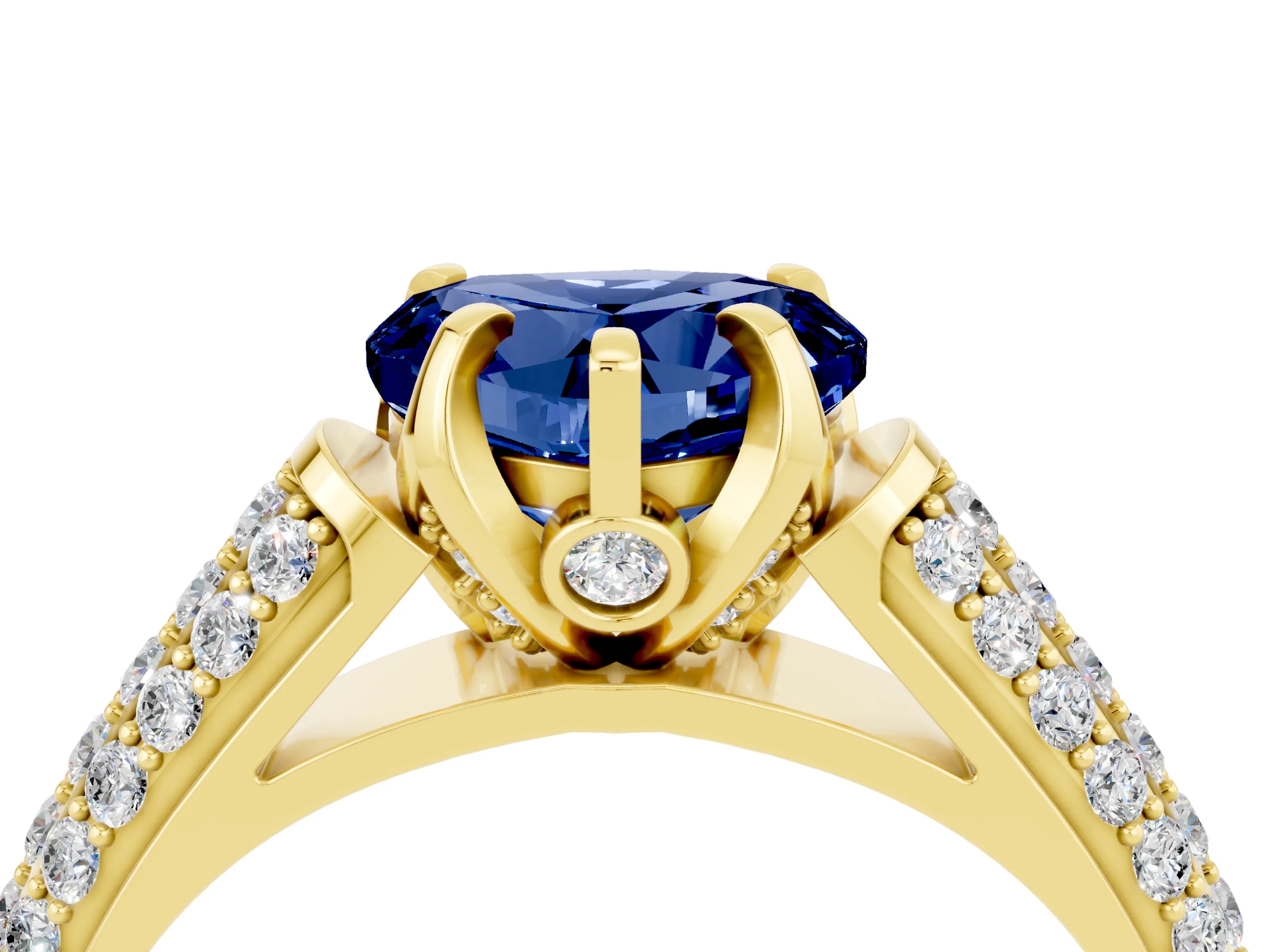 Yellow gold Heart Cut Blue Sapphire Solitaire Ring with Three-Row Pavé Band and Four-Prong Setting_16